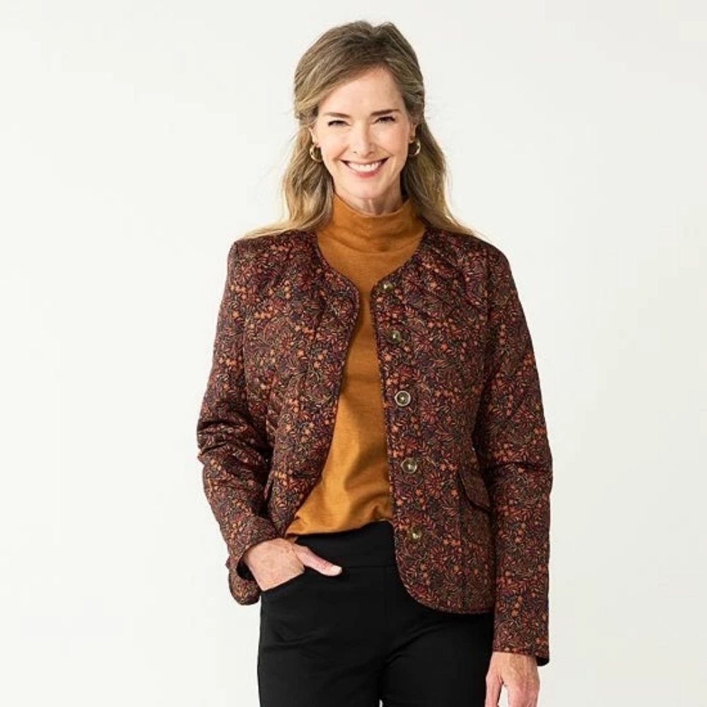 Croft and Barrow women's classic quilted jacket size 4X floral brown new